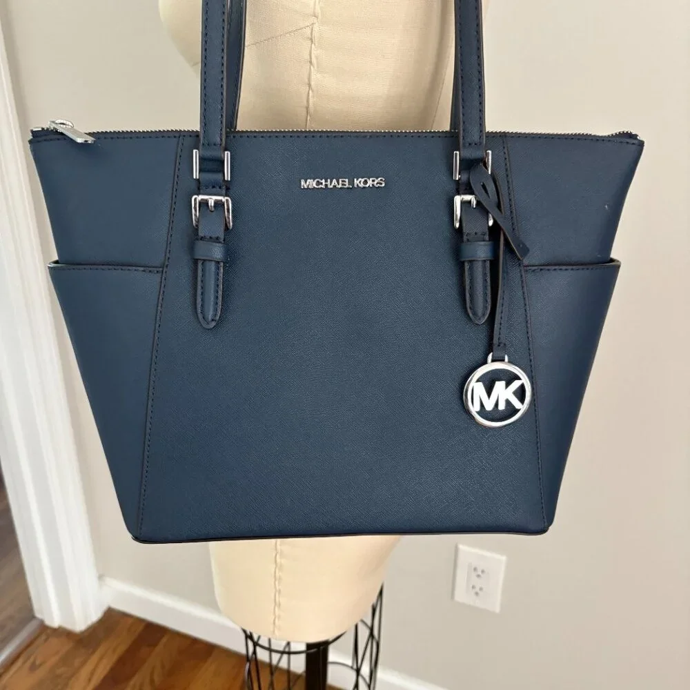 Michael Kors Charlotte Medium Tote Navy Saffiano Leather Top Zipper Travel Chic